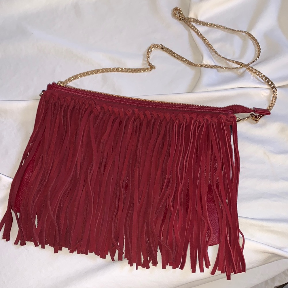 HM maroon fringe bag